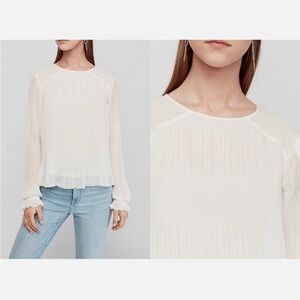 Express Pleated Crew Neck Long Sleeve Top Ivory